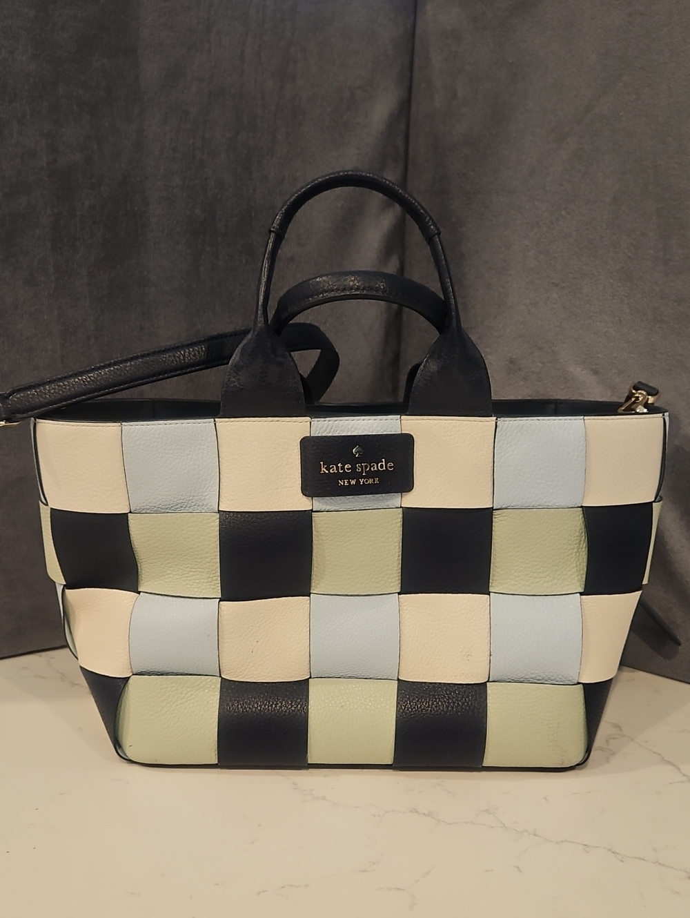 kate spade Checkerboard Mini Tote in Black, Cream, Pale Blue & Light Green